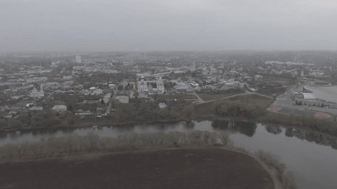 Drone Flying Forward above River toward Kolomna