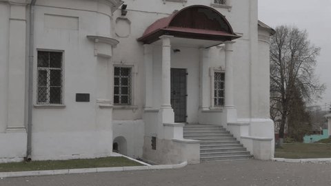 Drone Flying Backward near Church Facade Kolomna