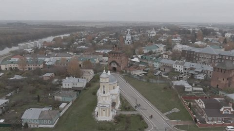 Aerial Drone Approaching Kolomna Kremlin Gate Tower