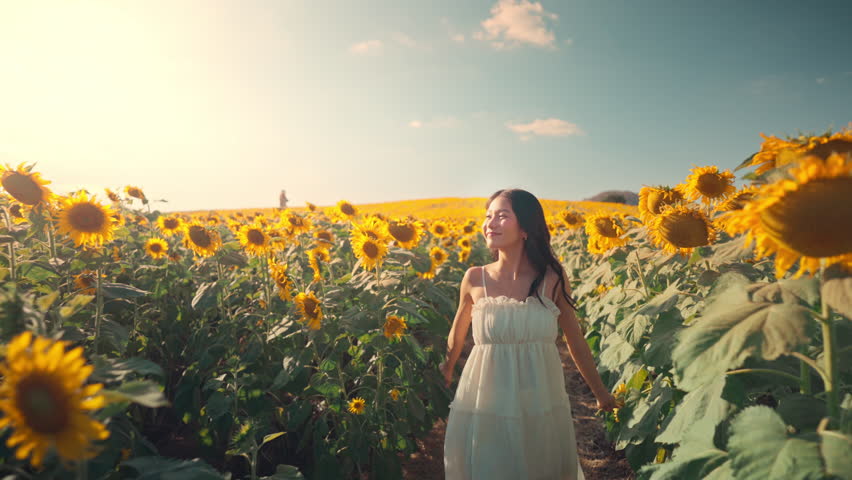Happy young Asian woman in white dress walking through blooming sunflower field during golden hour sunset, expressing freedom and wellness. Ideal for travel, nature, and summer lifestyle.