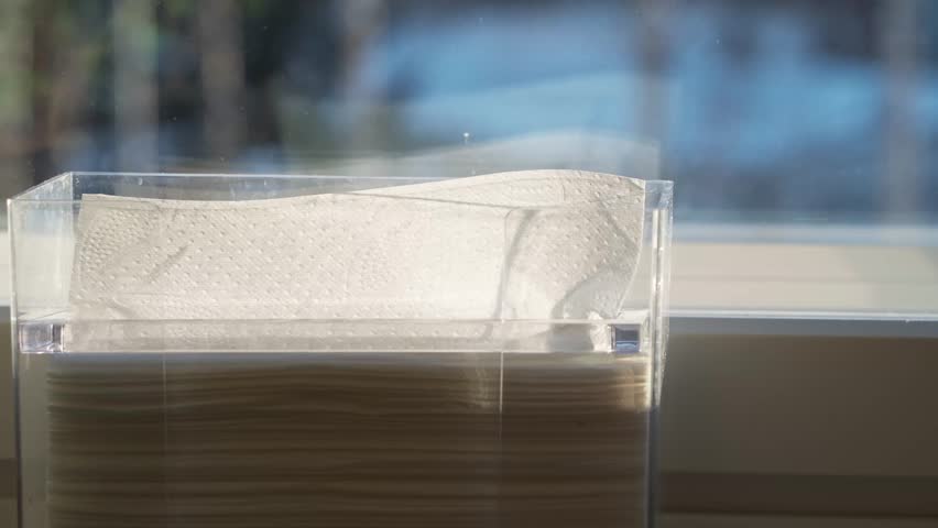 Hand taking paper towel from transparent dispenser next to a window