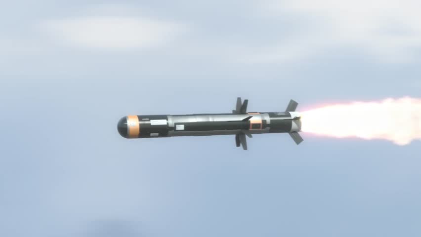 An anti-tank missile launches into the sky, flying through clouds in slow motion, showcasing military technology, precision, and firepower.