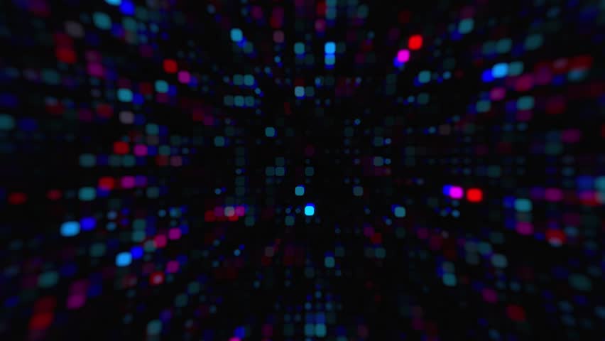 Abstract background with moving colorful glowing particles. Digital data stream with bokeh light effect. Futuristic cyber tunnel concept for motion graphic design.