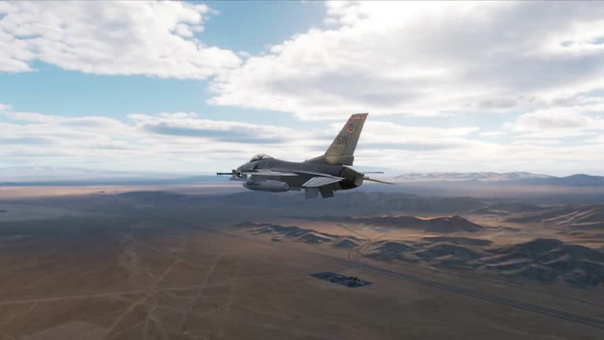 F-16 Falcon fighter jet flying over a desert landscape, armed with bombs, showcasing tactical air combat, military aviation, and high-speed maneuvers.
