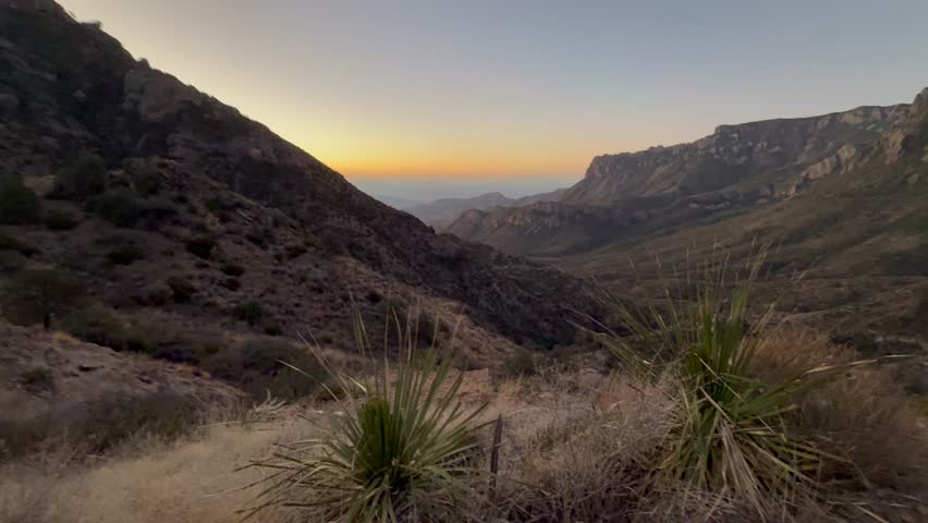 Sunrise coming over mountains in Big Bend National Park from Lost Mine Trail during late winter