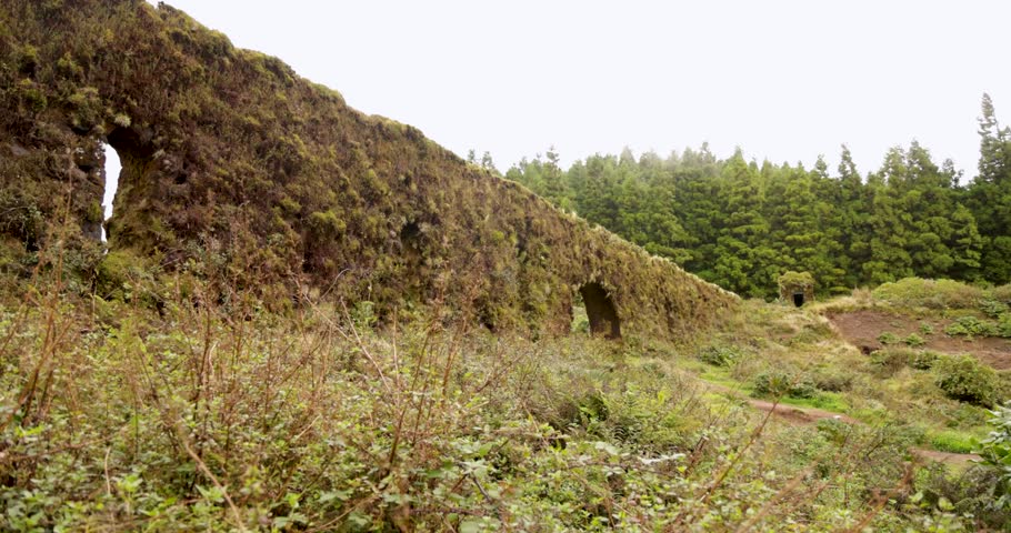 An aqueduct wall and arch with a lush green landscape in the background in Sao Miguel, Azores. The scene is peaceful and serene. Panning shot.