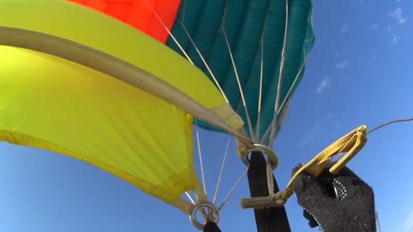 The parachute opened during a parachute jump. Point of View.