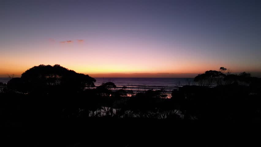 Sunrise over Pacific Ocean with coastal tree silhouettes at Bonny Hills, Australia