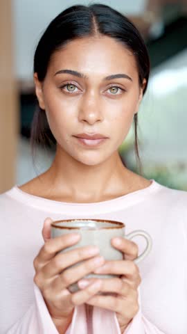 Close Up Portrait of Beautiful Young Woman With Green Eyes Holding Cup of Hot Coffee and Looking At Camera. Calmly Female While Standing In Bright Modern Kitchen. Girl Her Morning Routine at Cozy Home