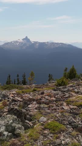 Breathtaking alpine landscape with snow-capped peaks and rugged terrain in British Columbia, Canada.