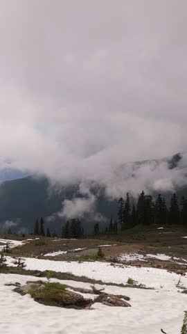 Expansive mountain landscape in British Columbia, Canada, featuring lingering snow, dense pine forests, and atmospheric clouds drifting through the peaks.