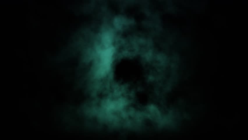 A swirling teal-blue plume of vapor rises and disperses against a dark background, creating an ethereal, abstract motion.