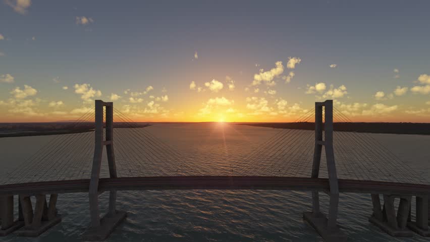 3D - Sunset aerial drone view of Suramadu Bridge in Surabaya East Java. Indonesia