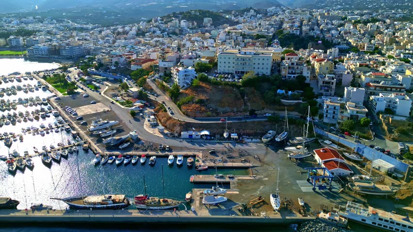 Panoramic aerial view of the coastal town of Agios Nikolaos on the Greek island of Crete.