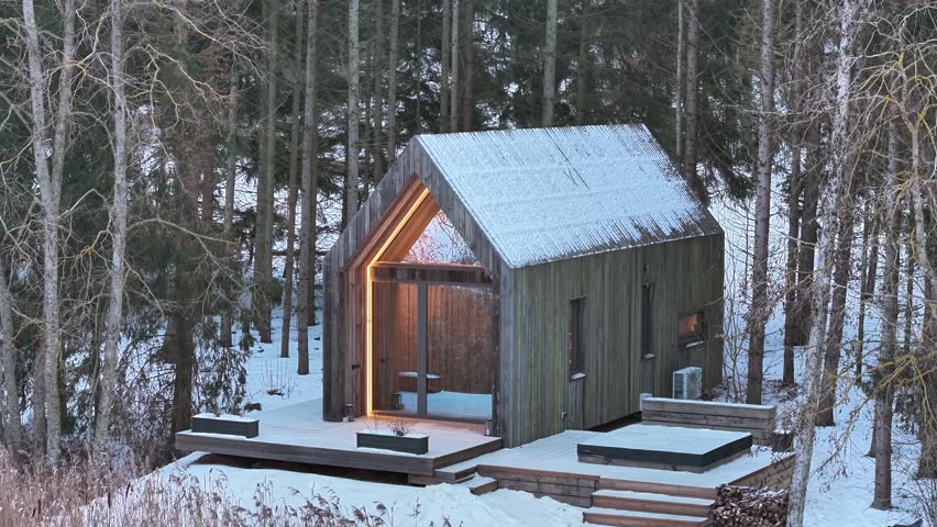 Backward drone fly from a modern and wooden cabin camping in snowy forest environment, Tervete, Latvia