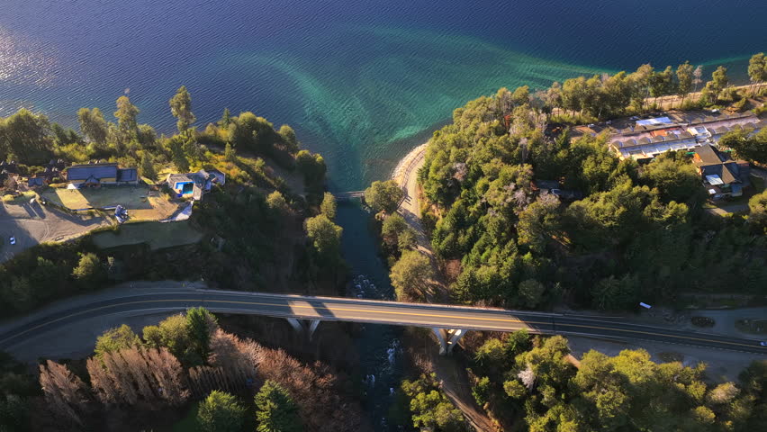 Ruta Nacional 40 bridge crossing the Correntoso River between Lago Correntoso and Nahuel Huapi Lake near Villa La Angostura Neuquen Patagonia Argentina within the North Patagonian Andes glacial basin