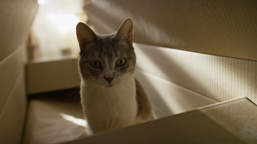 A curious cat sits inside a large cardboard box, lit by warm sunlight from a nearby window, creating a cozy atmosphere.