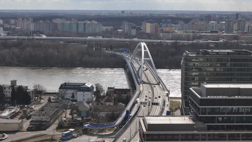 Aerial view of Apollo bridge over river, Slovakia.