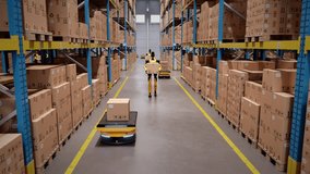 Fully automated warehouse with AI-powered humanoid robots and agv robots transporting cardboard boxes. Future of industrial warehouse automation and AI robotics. 3d animation rendering - Powered by Shutterstock - Get 15% off with code: PIKWIZARD15