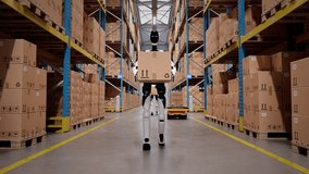 AI-powered humanoid robot walking along aisle in automated distribution center carrying a cardboard box. Future of industrial warehouse automation and AI robotics. 3d animation rendering - Powered by Shutterstock - Get 15% off with code: PIKWIZARD15