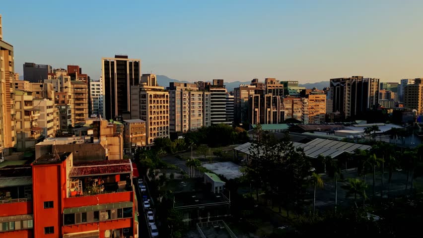Aerial view of buildings and mountains, Taiwan.