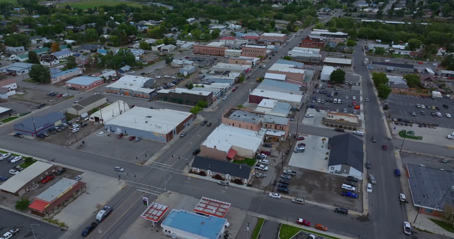 Aerial overview of Salmon Idaho downtown blocks and surrounding valley