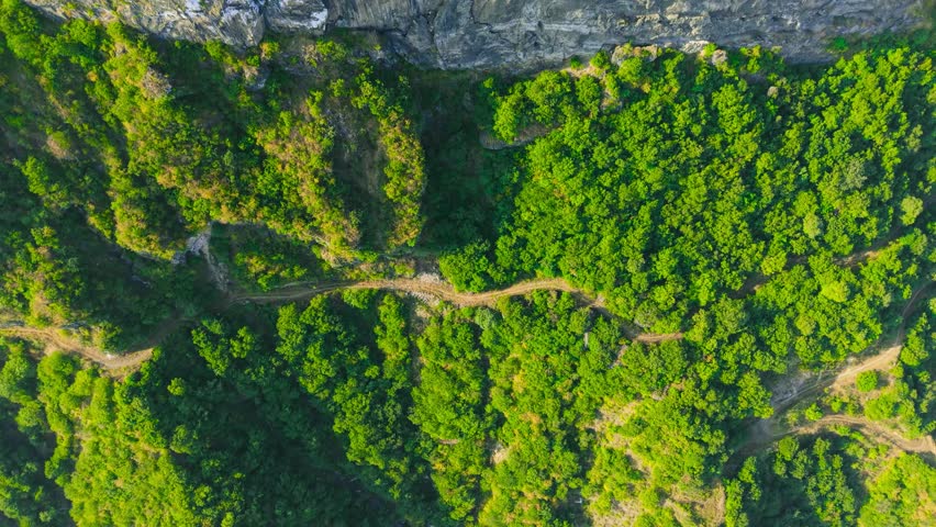 Aerial view of winding dirt roads and dense green forests on the steep cliffs of Jabal Shaat, located on the border between Oman and Yemen.
