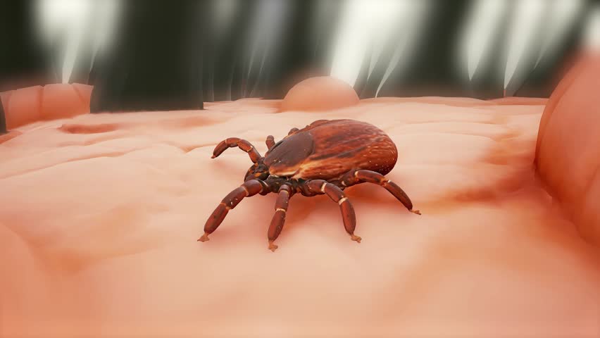 Mite tick bug on skin fur hair bg 4k. 3D Illustration