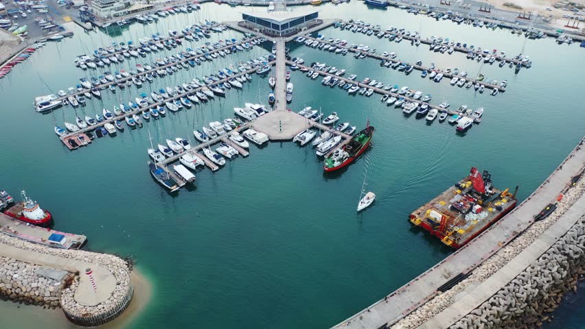 Aerial view of Ashdod Marina and buildings, Israel.