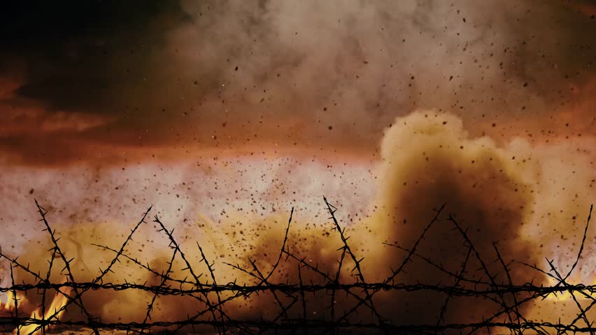 Iranian and Jordanian flags, smoke, fire, and barbed wire on a 3D map. Illustrating conflict and war between the two countries and the world.