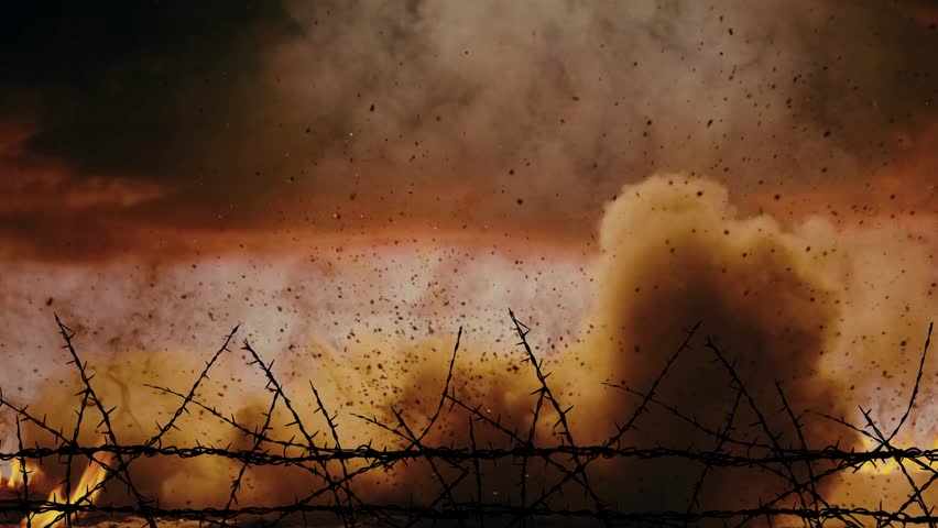 Iranian and Syrian flags, smoke, fire, and barbed wire on a 3D map. Illustrating the conflict and war between the two countries and the world.