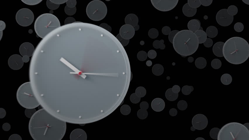 Multiple clocks with fast-spinning hands fly chaotically toward the camera in a time-lapse. Concept of the rapid, uncontrollable passage of time and urgency, deadlines, and time pressure