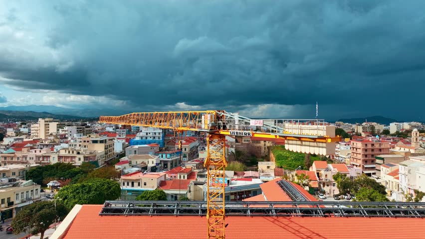 Aerial view of Platia Agoras and crane, Greece.