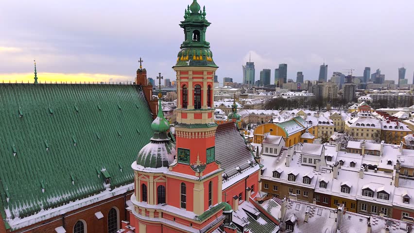 Aerial view of jesuit church in warsaw old town during winter, Poland.