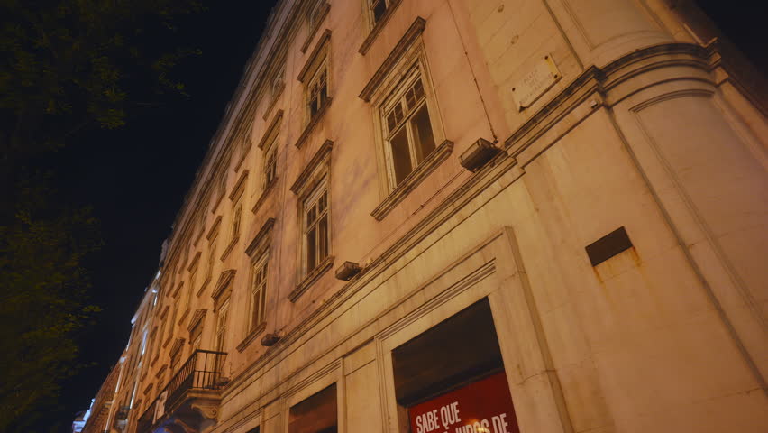 Slow, low-angle pan of an old, historic building facade at night. Warm streetlights illuminate the windows and classical architecture, casting eerie tree shadows on the weathered walls