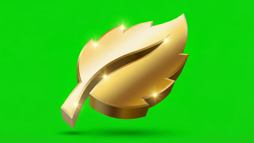 A shimmering golden leaf icon is prominently displayed against a vibrant green screen background, ideal for various nature, environmental, and eco-friendly themed projects.