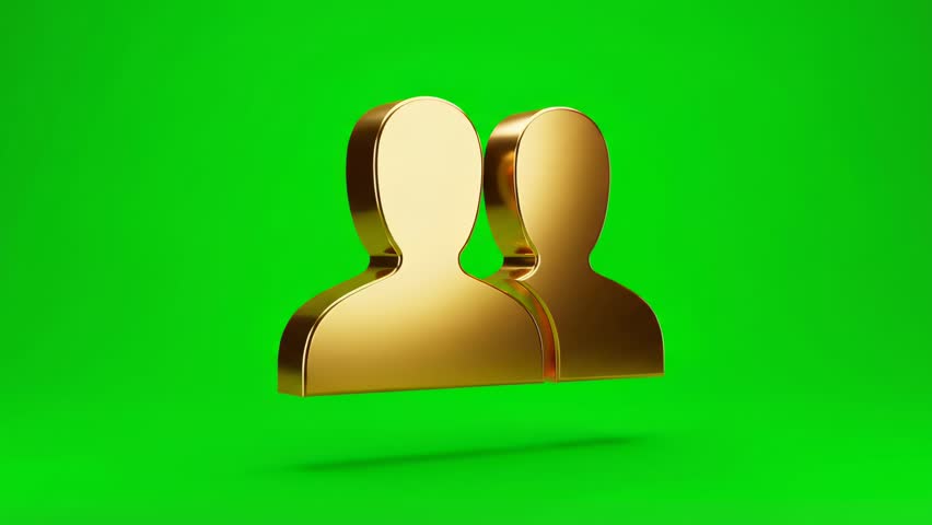 A 3D render of a golden user group icon, symbolizing community, teamwork, and social connections, set against a vibrant green screen background for versatile use.