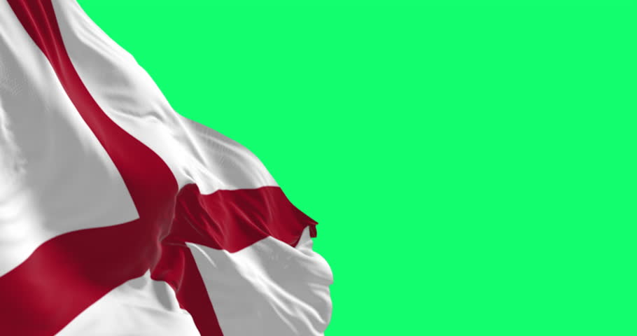 Close-up of Alabama state flag waving isolated on green background. Seamless 3D render animation. Chroma key. Slow motion loop. Green screen. 4K. Selective focus