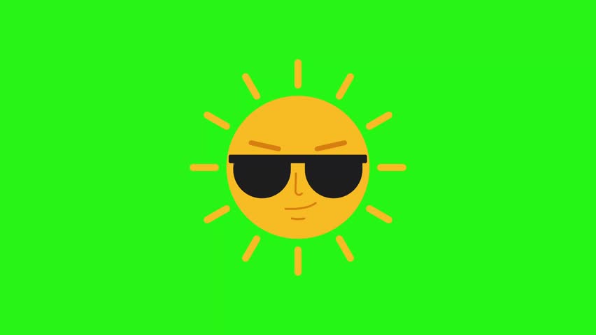 Cool yellow sun vector icon wearing sunglasses animation on green screen background for summer visuals