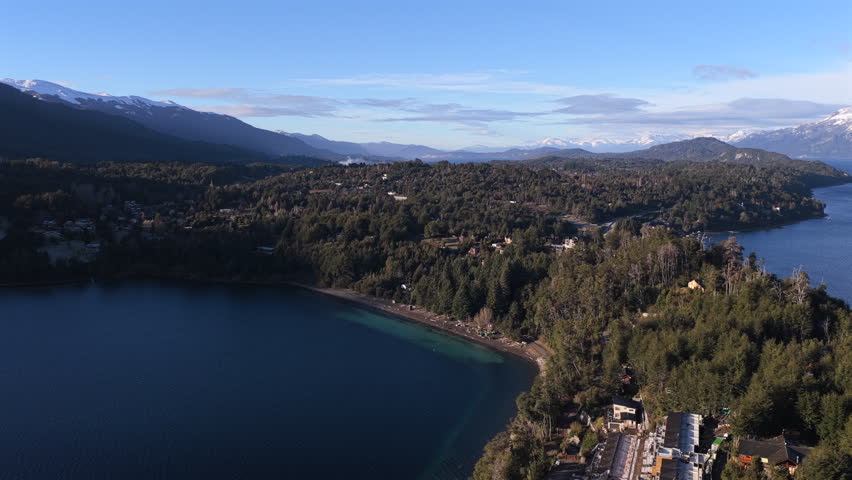 Villa La Angostura forested peninsula surrounded by Nahuel Huapi Lake in Nahuel Huapi National Park Neuquen Province Patagonia Argentina within the North Patagonian Andes temperate forest biome, wide