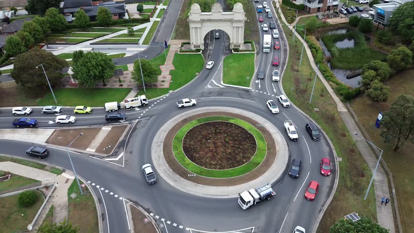Ballarat, Victoria, Australia – March 3rd 2026: Aerial drone footage showing traffic moving through the Arch of Victory roundabout on Sturt Street in Ballarat.
