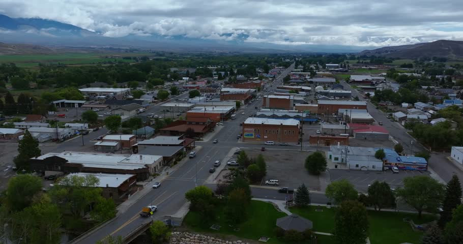 Aerial view of Salmon Idaho downtown and surrounding valley farmland