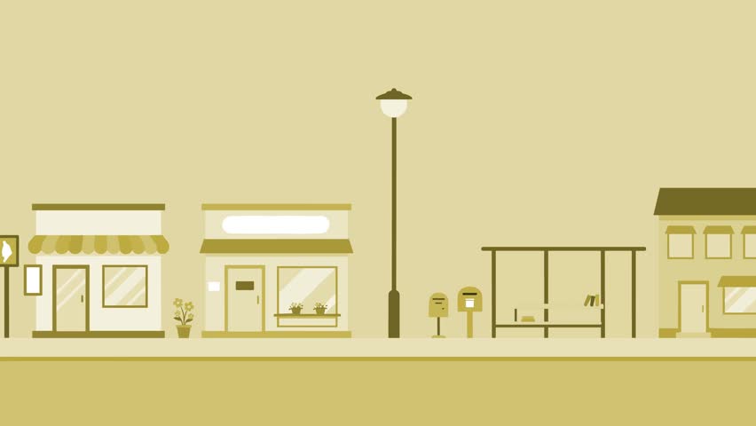 A clean, 2D vector animation of a city sidewalk featuring retail stores, cafes, and street lamps. The monochromatic yellow palette provides a stylized look for urban lifestyle or retail concepts.