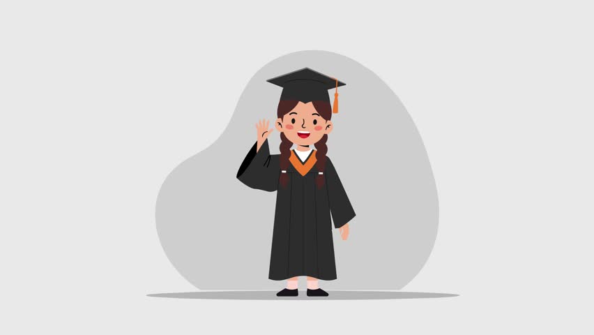 A 2D flat-style animation of a young Caucasian woman with fair skin, wearing a black graduation gown and mortarboard cap, waving with a smile.