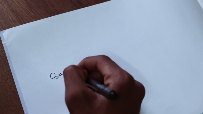 Close-up of a hand writing the word "Success" with a black pen on a blank white paper