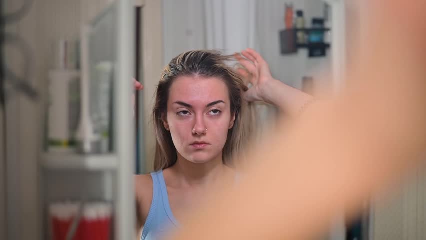A woman is seen styling her hair in front of a bathroom mirror. She performs various grooming activities as part of her morning routine, showcasing personal care practices.