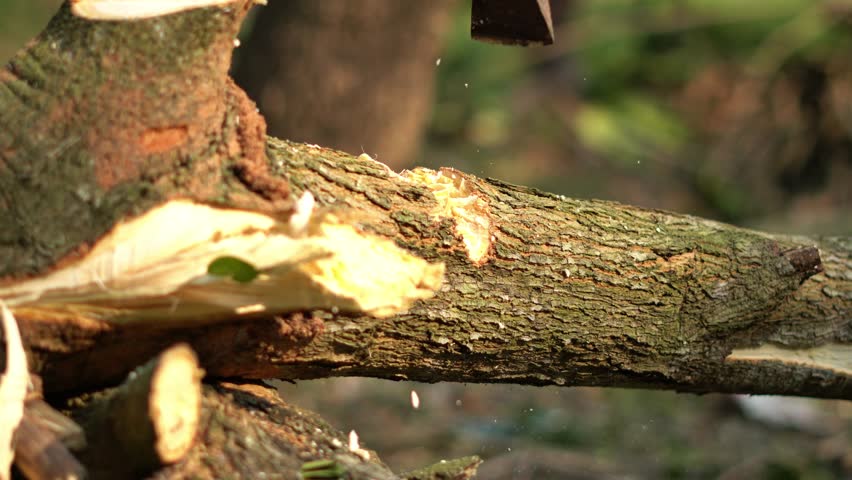 Axe Chopping Tree Branch – Woodcutting Close Up. Cutting Wood with Axe in Natural Forest Environment.