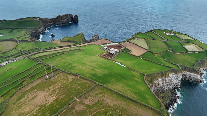 European farmland landscape on volcanic Atlantic coast with green fields and rocky shoreline in Azores, aerial view