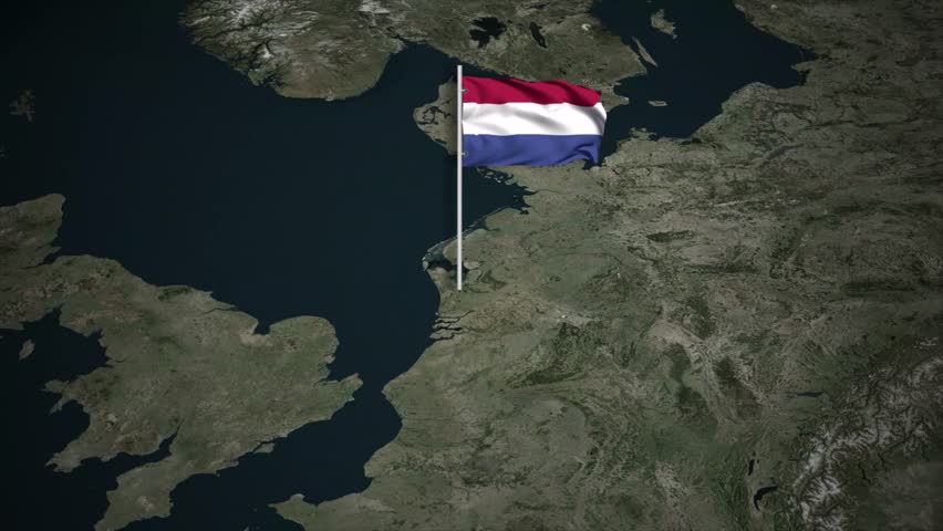 3D satellite map animation of the Netherlands featuring a waving national flag and a glowing white border outline. Professional geopolitical motion graphic.