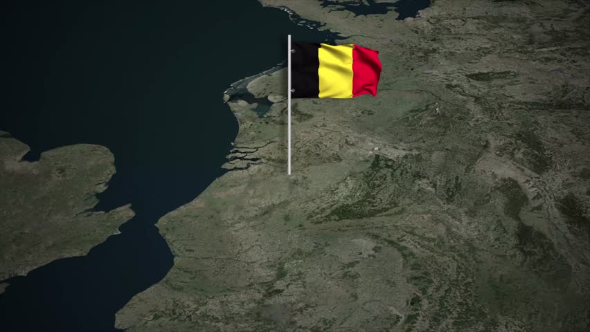 Animated outline of Belgium appearing on a satellite map with the national flag waving on a pole. Ideal for news, travel documentaries, and political edits.